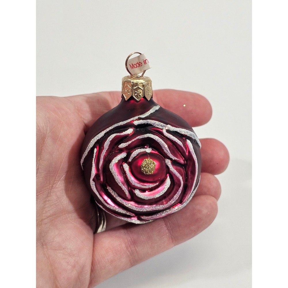 Poland Glass Rose Bud Christmas Ornament Burgundy Red Silver Glitter Floral 2in